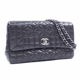 Chanel Shoulder Bag with Flower Stitching, Black Lambskin Leather, A30051, Women's