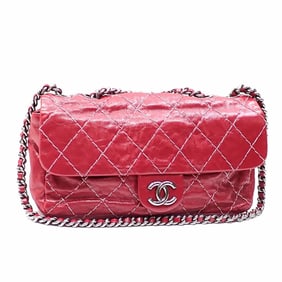 Chanel Chain Shoulder Bag, Wild Stitch Matelasse, Size 30, Women's, Red Leather with Coco Mark