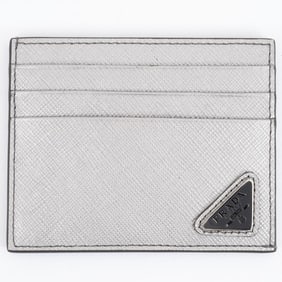 Prada Saffiano Triangle Card Case 1MC223 Cowhide Silver Men's Holder PRADA