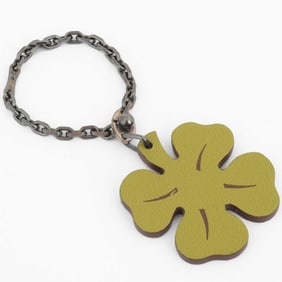 Hermes Lucky 4 Clover Bag Charm Leather | Silver SV925 Green Women's Keychain Four Leaf HERMES