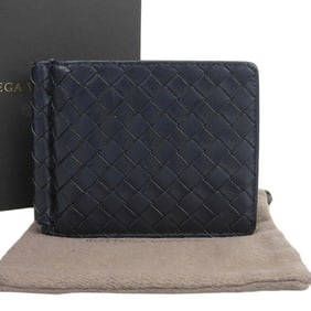 Bottega Veneta Intrecciato Folding Wallet with Money Clip in Navy Leather