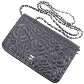 Chanel bag chain wallet shoulder with camellia and Coco mark, black leather, women's CHANEL KM2777