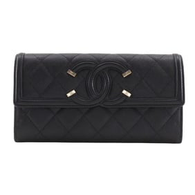 Chanel CHANEL CC Filigree Long Wallet Coco Mark Matelasse A84448 Caviar Skin Black Snap Button
