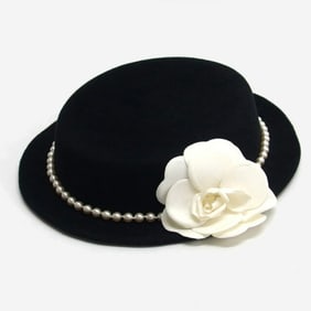 Chanel Camellia Faux Pearl Cocktail Hat Black