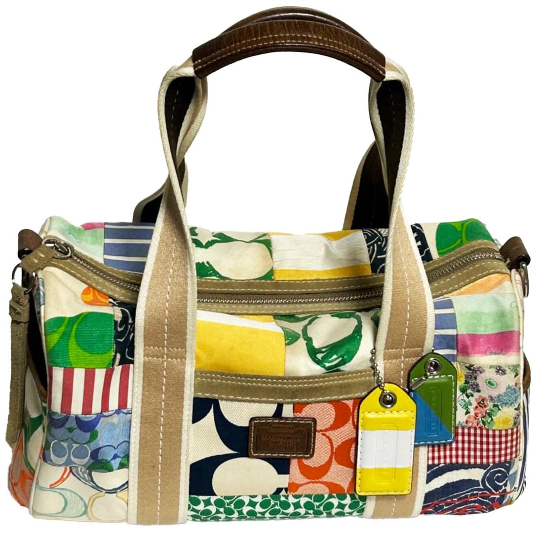 Coach Patchwork Boston Bag, Multicolor, 0693 10452, White, Signature Stripe, Canvas, Satin, and: --- Catalog ---Category: SizeSize (HxWxD): 16cm x 31cm x 16cm / 6.29'' x 12.2'' x 6.29''Category: DesignType: Boston bagColor: Multi-color, WhiteGender: WomenMaterial: Signature line , Satin , Leather