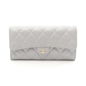 CHANEL Classic Long Flap Wallet Matelasse Bifold in Grained Calfskin Leather, Women's, Gray