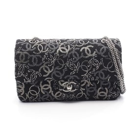 Chanel Coco Mark W-Flap Shoulder Bag, Wool with Rhinestones, Women's, Black and Clear