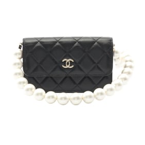 CHANEL Matelasse Pearl Chain Shoulder Bag, Lambskin Leather, Women's, Black, AP1838