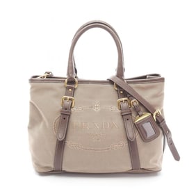 Prada Logo Jacquard Handbag, Canvas and Leather, Women's, Beige Brown