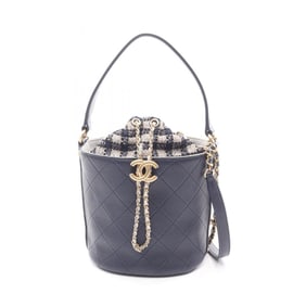 CHANEL Matelasse Small Bucket Bag Shoulder Leather Fabric Women's Navy Multicolor