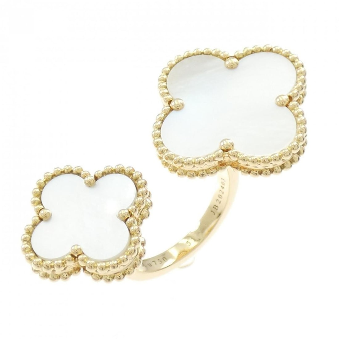 Van Cleef & Arpels Magic Alhambra En Tre Les Doors Ring: --- Catalog ---Category: SizeUS Size: 6Brand Size: 51Category: DesignType: Band ringColor: Yellow goldStone: Mother of pearlGender: WomenMaterial: Yellow gold (18K)Category: GeneralMPN: VCARN05500Bran
