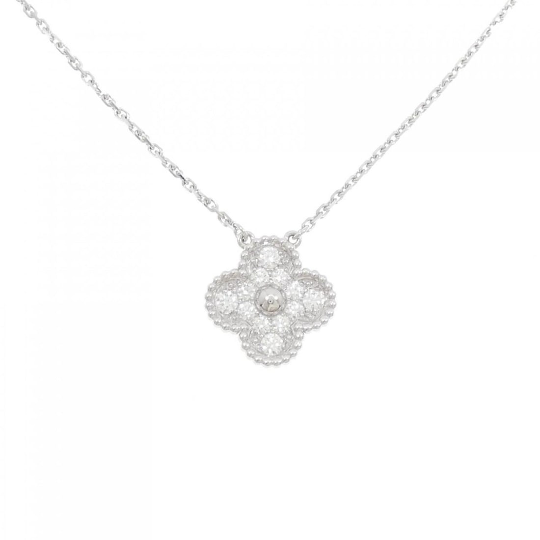 Van Cleef & Arpels Vintage Alhambra Necklace: --- Catalog ---Category: SizePendant Size: 14.8mm x 14.8mm / 0.58'' x 0.58''Neck Circumference: 37 cm - 42 cm / 14.56'' - 16.53''Category: DesignColor: White goldStone: DiamondGender: WomenMaterial: W