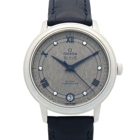 OMEGA De Ville Prestige Watch, Diamond-Set Stainless Steel with Leather Strap, Gray, Women's,