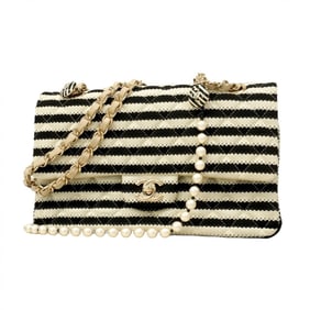 Chanel Matelasse Shoulder Bag with Double Flap and Chain, Cotton, Black, White, Champagne, Women's