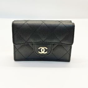 CHANEL Caviar Leather Tri-fold Wallet, Black, Women's, Matelasse