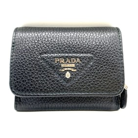 Prada Tri-fold Leather Triangle Compact Wallet 1MH044 Black PRADA