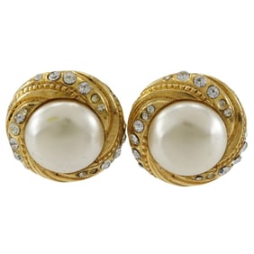 CHANEL Vintage Earrings Gold Plated x Faux Pearl Rhinestone Made in France Approx. 27.2g Women's