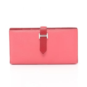 Hermes Hermès Bearn Soufflet bifold long wallet, leather, Chevre, women's, pink and red, Rouge