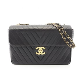 CHANEL Chevron V-Stitch Shoulder Bag in Lambskin Leather, Black