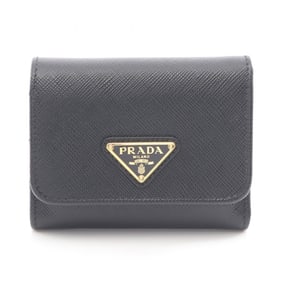 Prada Saffiano Triangle Trifold Wallet, Leather, Women's, Black, 1MH044