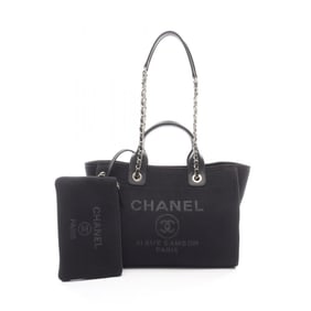 CHANEL Deauville MM Shoulder Bag, Leather and Fabric, Women's, Black