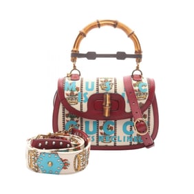 Gucci MUSIC IS MINE Bamboo Handbag, Canvas and Leather, Women's, White, Bordeaux, Multicolor, 679632