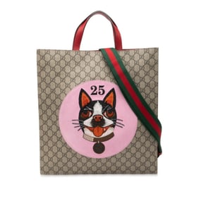 Gucci GG Supreme Bosco Appliqué Dog Tote Bag/Shoulder Bag, 2-Way, Black Leather, 450950, Women's