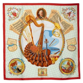 Hermes Hermès Carré 90 Wolfgang Amadeus Mozart Scarf, Red Multicolor Silk, Women's