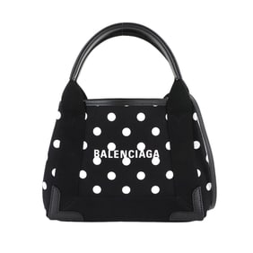 Balenciaga Navy Cabas XS 2-way tote/shoulder bag in leather, canvas, black, and white with polka