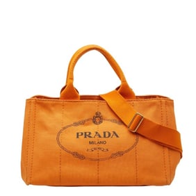 Prada Canapa M Tote Bag with Triangle Logo Plate, 2-Way Shoulder Bag, Orange Canvas, Women's
