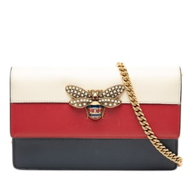 Gucci Queen Margaret Bee Jewel Chain Wallet Shoulder Bag 476079 White Navy Red Leather Women's GUCCI