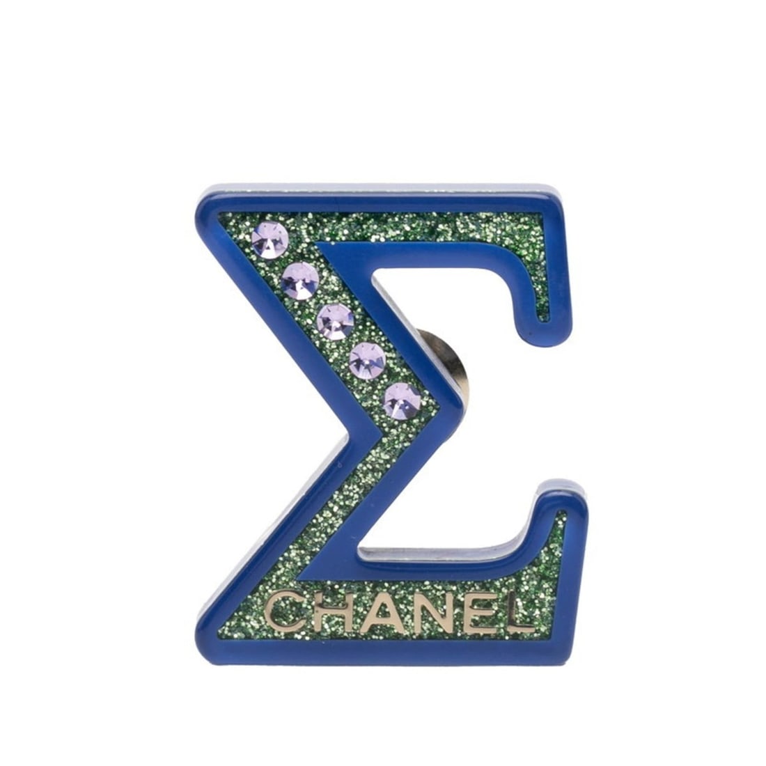 Chanel logo brooch in silver, blue, and green with metal, plastic, rhinestones. Women's.: --- Catalog ---Category: SizeSize (HxWxD): 3.48cm x 2.9cm / 1.37'' x 1.14''Category: DesignType: BroochColor: Blue, Green, SilverStone: RhinestoneGender: WomenMaterial: Metal, PlasticCategory: General