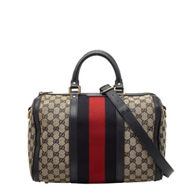 Gucci GG Canvas Sherry Line Mini Boston Bag/Shoulder Bag, 2-Way, 247205, Beige/Navy, and Leather,