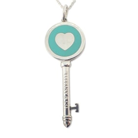 TIFFANY 925 Blue Enamel Heart Key Pendant Necklace