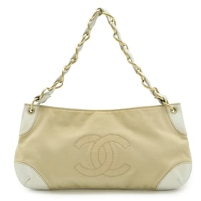 CHANEL Coco Mark Chain Shoulder Bag Canvas Leather White Beige A20825