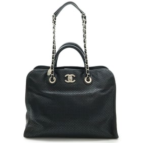 CHANEL French Riviera Coco Mark Mesh Punching Tote Bag with Chain Shoulder in Black Leather (A67654)