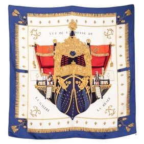 Hermes Hermès Carré 90 "VUE DU CARROSSE DE LA GALERE REALE" Queen's Coronation Scarf, Blue