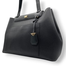 MICHAEL KORS tote bag, shoulder black leather with gold hardware and MK logo charm, one-shoulder