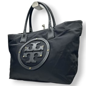 Tory Burch Ella Tote Bag, Handbag, Nylon, Leather, Black, Gold Hardware, Women's, Size 95