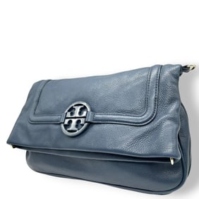 Tory Burch Amanda clutch bag, flap, blue leather, silver hardware, women's size s80