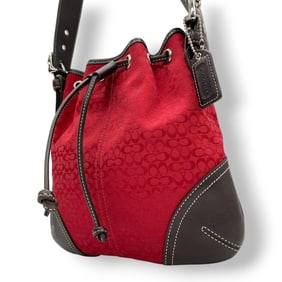 Coach Mini Signature 6387 Shoulder/Crossbody Bag, Canvas and Leather, Red Brown, Drawstring Women's,