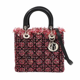 Christian Dior Cannage Lady Medium 2-way Hand/Shoulder Bag in Tweed and Leather, Black Pink,