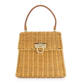 Salvatore Ferragamo Gancini Basket Handbag in Beige, Brown, and Gold Hardware