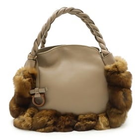 Salvatore Ferragamo Gancini Handbag with Twisted Handles, Leather, Lapin, and Rabbit Fur in Greige