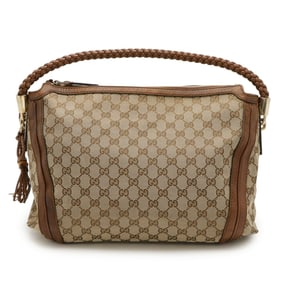 GUCCI Bella GG Canvas Bamboo Ribbon Shoulder Bag in Khaki Beige and Brown Leather (Product Code: