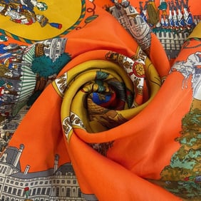 HERMES Carré 70 "Promenades de Paris" Scarf, Orange, Unisex
