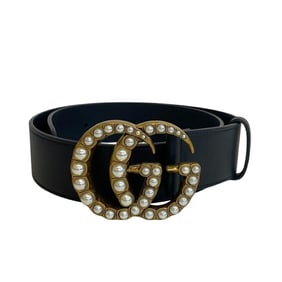 GUCCI 453260 Faux Pearl GG Marmont Double G Belt in Black for Women