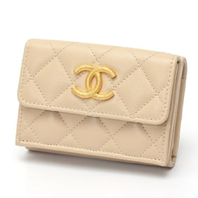 CHANEL Matelasse Small Flap Wallet Trifold AP3518 Caviar Skin Beige S-159569