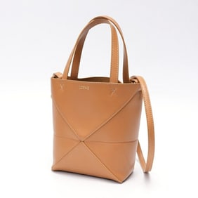 LOEWE Puzzle Fold Tote Mini Shoulder Bag A657V25X01 Shiny Calf Leather Brown S-159580
