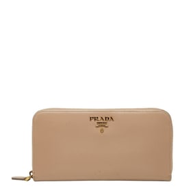 Prada Logo Long Wallet, Round Zip Beige Leather, Women's, PRADA